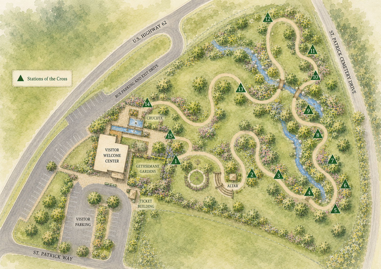 An illustrated watercolor map of the grounds, showing the Visitor Welcome Center, parking, Gethsemane Gardens, the Crucifix, the Altar, the stream crossings, and all fifteen Stations of the Cross along the winding path.