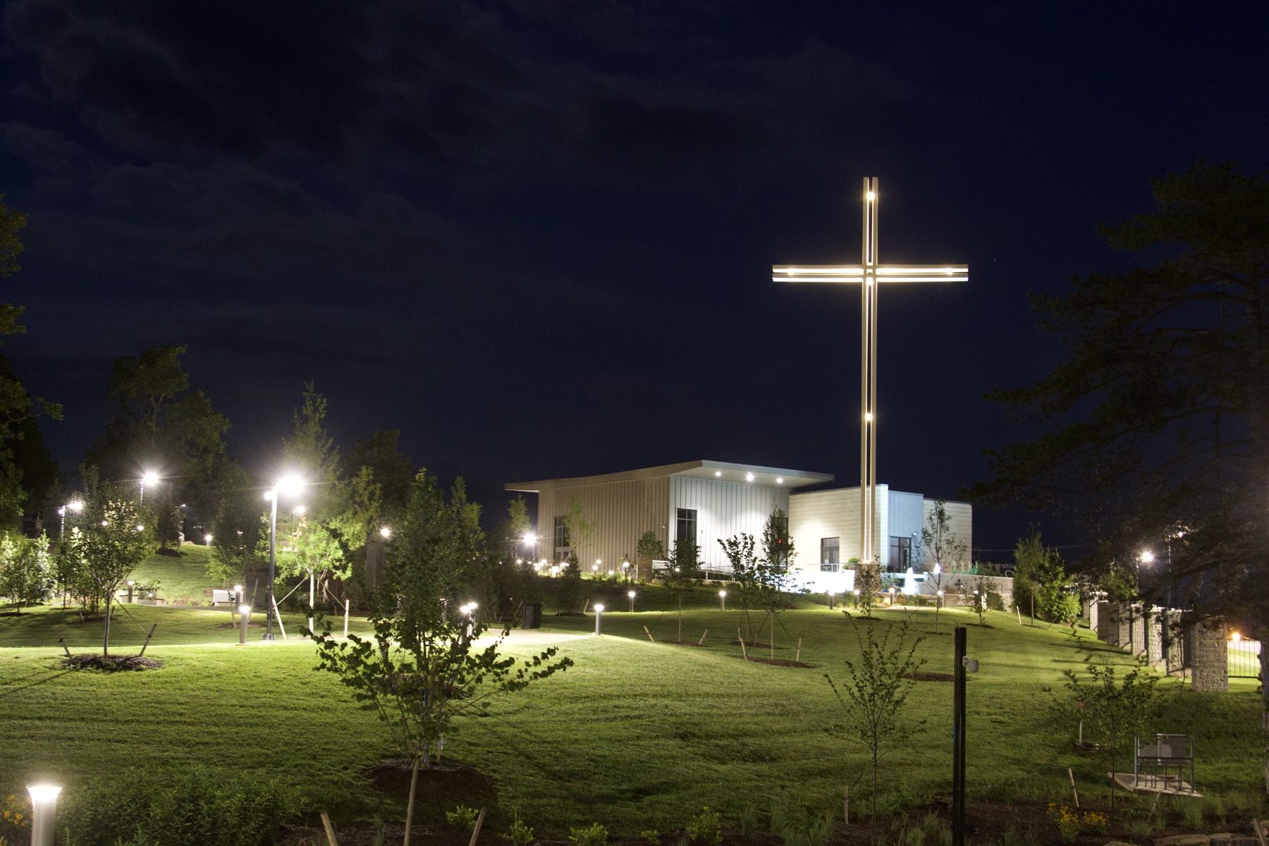 The grounds of the Gardens at St. Patrick's at dusk, photography for this station pending.